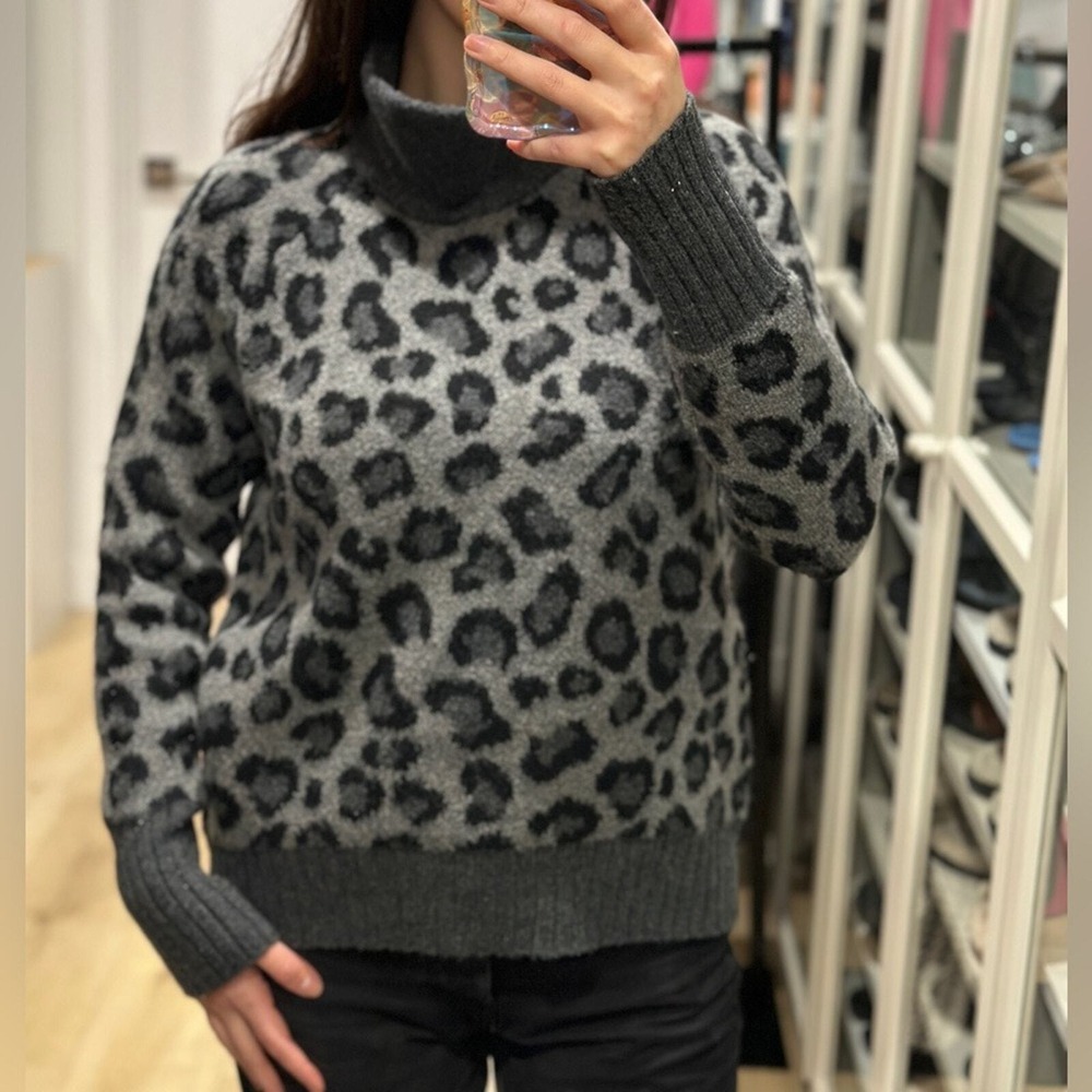 Cynthia Rowley Gray Black Leopard Print Turtleneck Sweater Womens Small S